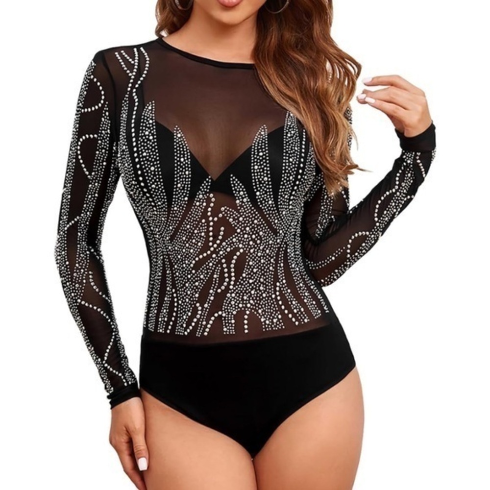 Rhinestone Sparkly Bodysuits Studded Sheer Mesh Long Sleeve Top NEW